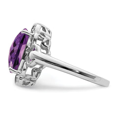 Sterling Silver Rhodium-plated Checker-Cut Amethyst & Diamond Ring