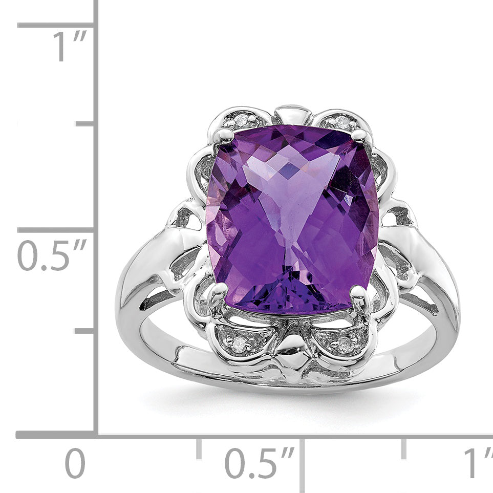 Sterling Silver Rhodium-plated Checker-Cut Amethyst & Diamond Ring