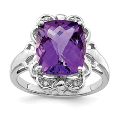 Sterling Silver Rhodium-plated Checker-Cut Amethyst & Diamond Ring