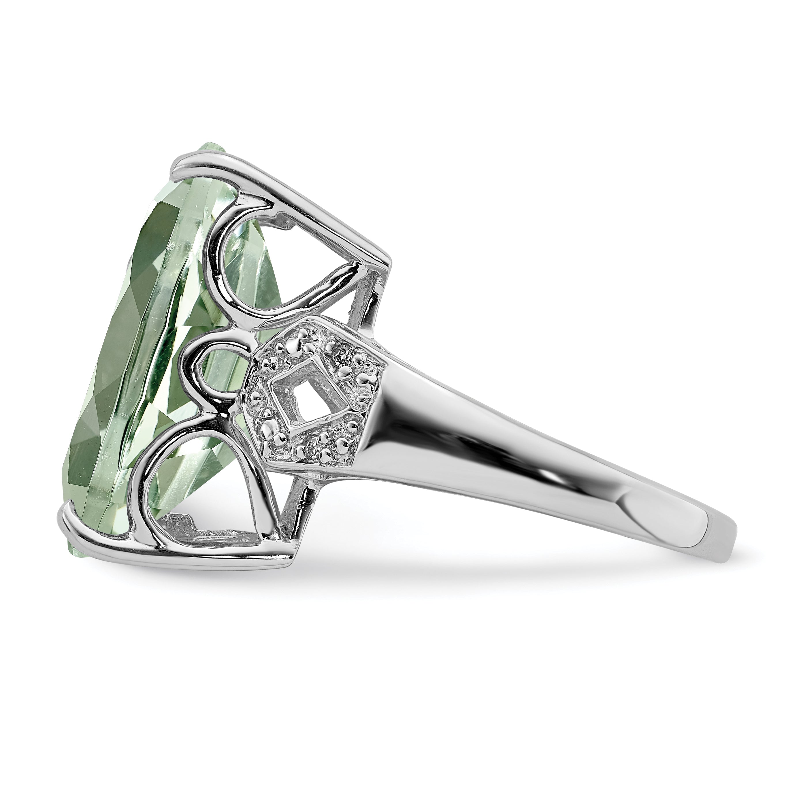 Sterling Silver Rhodium Green Quartz & Diamond Ring