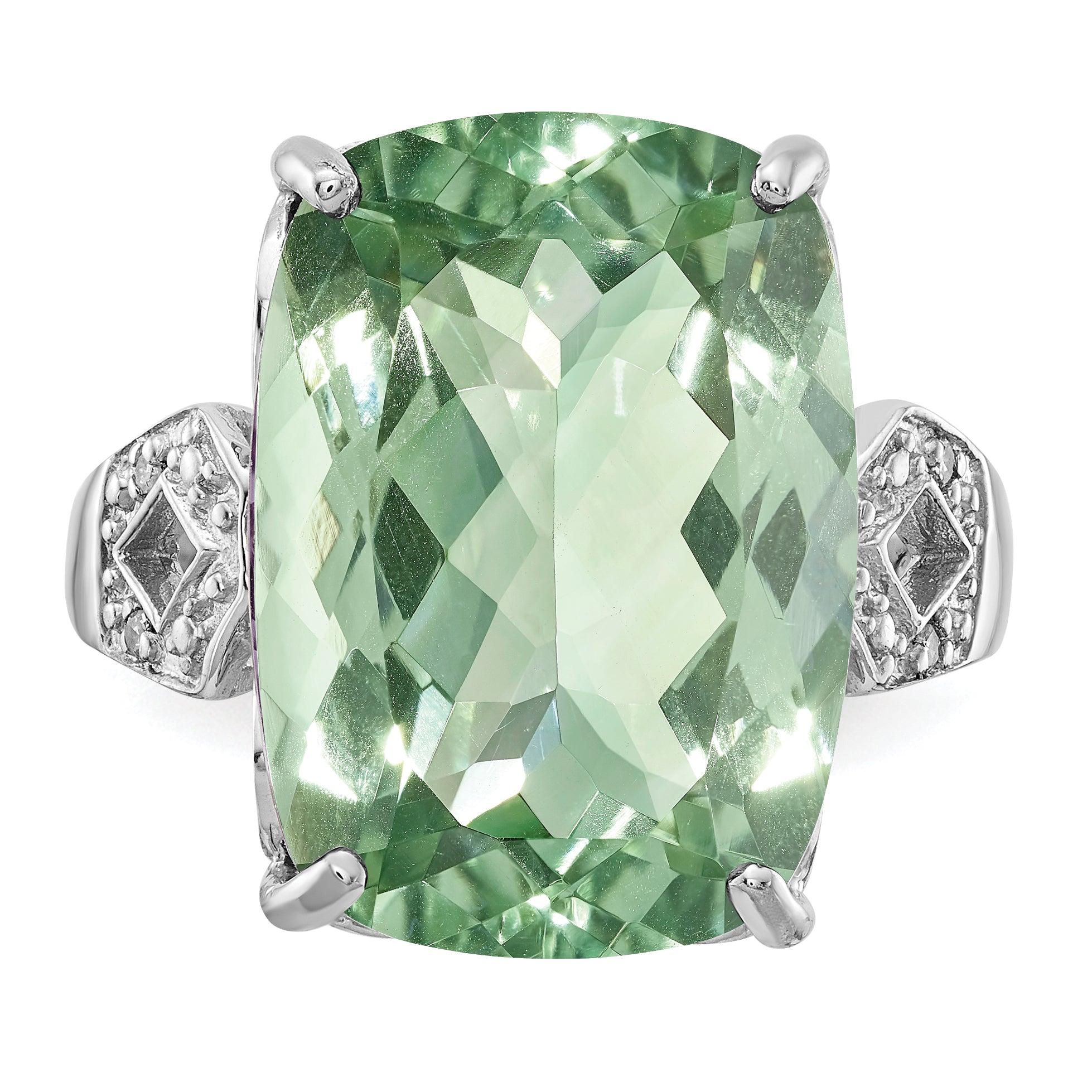 Sterling Silver Rhodium Green Quartz & Diamond Ring