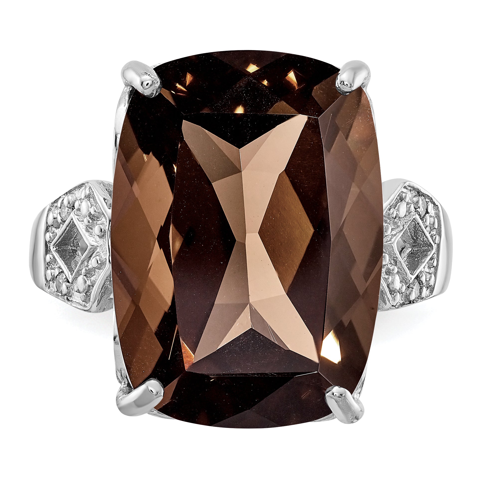 Sterling Silver Rhodium Smoky Quartz & Diamond Ring