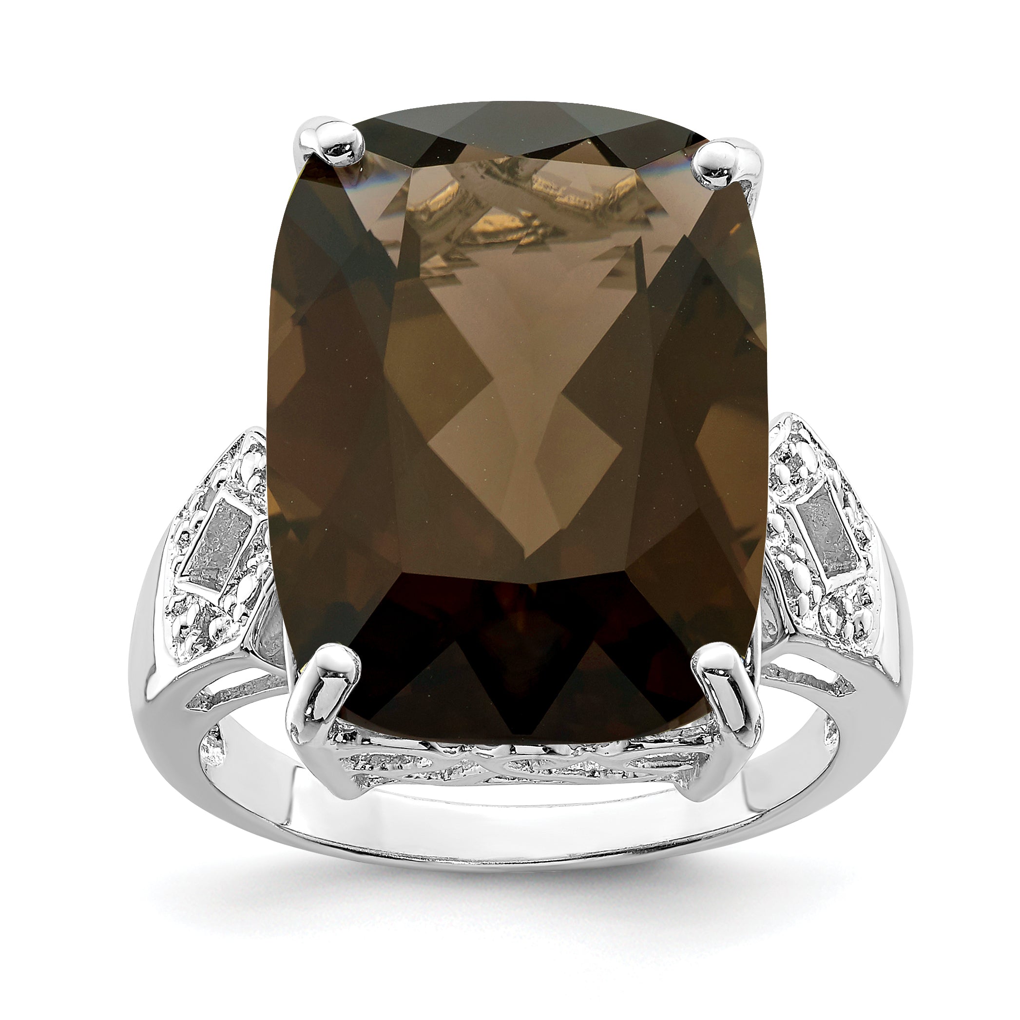 Sterling Silver Rhodium Smoky Quartz & Diamond Ring