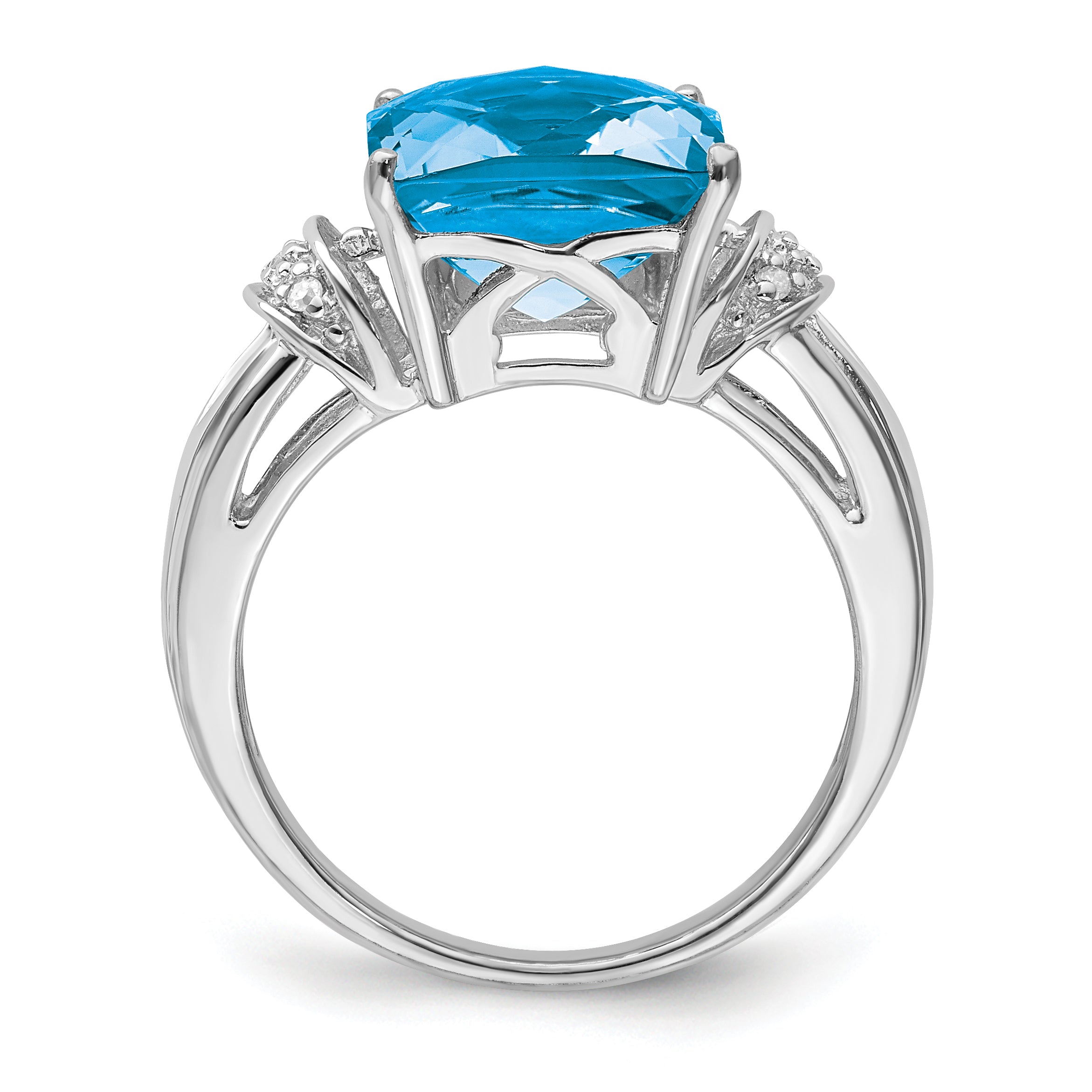 Sterling Silver Rhodium Octagonal Checker-Cut Blue Topaz & Diamond Ring