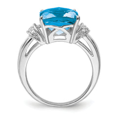 Sterling Silver Rhodium Octagonal Checker-Cut Blue Topaz & Diamond Ring