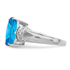 Sterling Silver Rhodium Octagonal Checker-Cut Blue Topaz & Diamond Ring