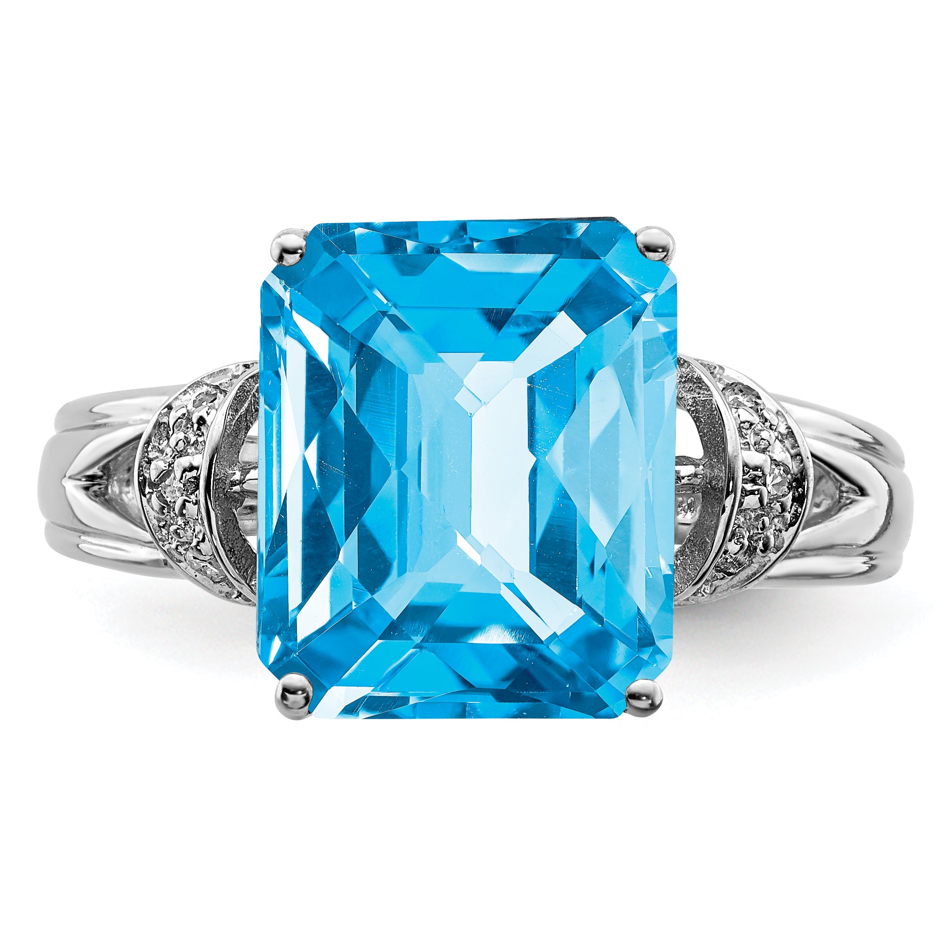 Sterling Silver Rhodium Octagonal Checker-Cut Blue Topaz & Diamond Ring