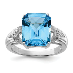 Sterling Silver Rhodium Octagonal Checker-Cut Blue Topaz & Diamond Ring