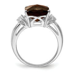 Sterling Silver Rhodium Octagonal Checker-Cut Smoky Quartz & Diamond Ring