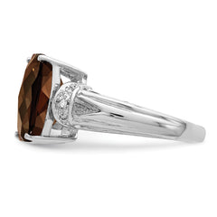 Sterling Silver Rhodium Octagonal Checker-Cut Smoky Quartz & Diamond Ring