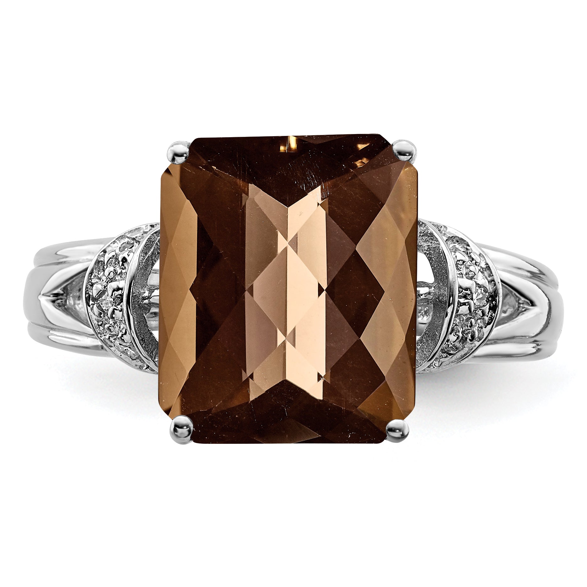 Sterling Silver Rhodium Octagonal Checker-Cut Smoky Quartz & Diamond Ring