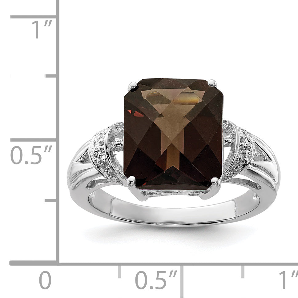 Sterling Silver Rhodium Octagonal Checker-Cut Smoky Quartz & Diamond Ring