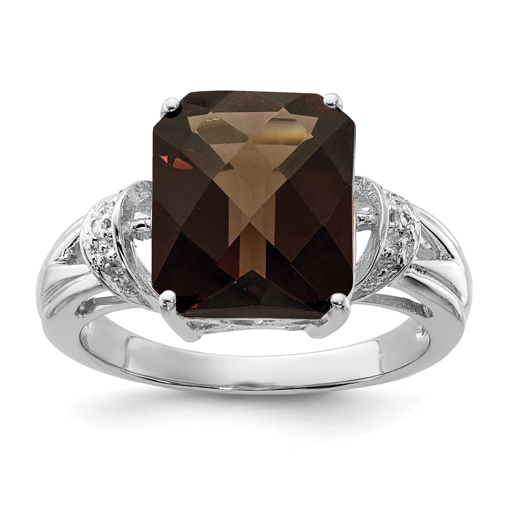 Sterling Silver Rhodium Octagonal Checker-Cut Smoky Quartz & Diamond Ring