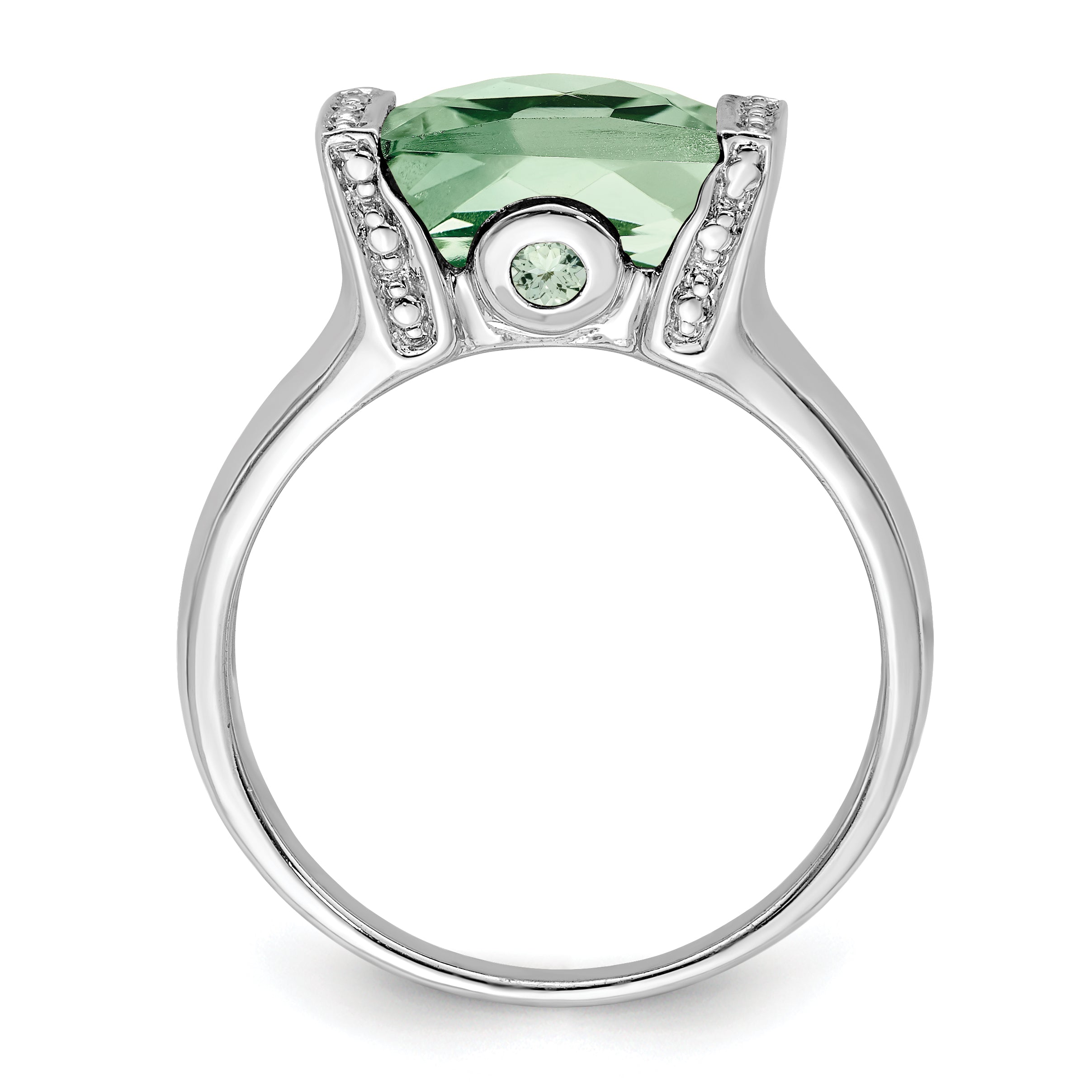 Sterling Silver Rhodium Octagonal Checker-Cut Green Quartz & Diamond Ring