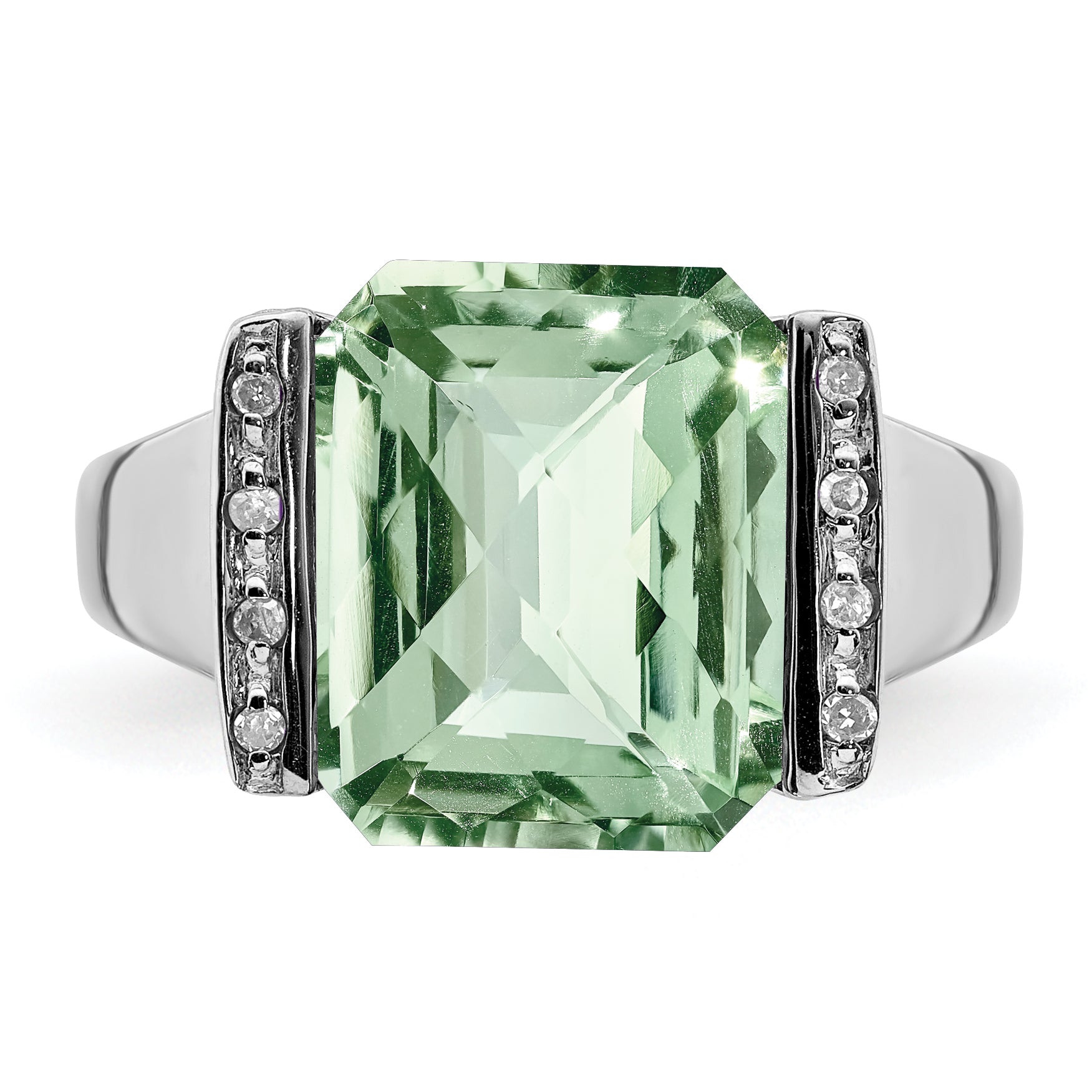 Sterling Silver Rhodium Octagonal Checker-Cut Green Quartz & Diamond Ring