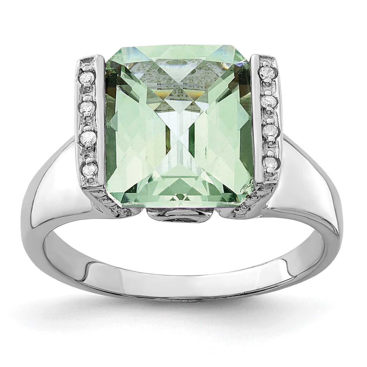 Sterling Silver Rhodium Octagonal Checker-Cut Green Quartz & Diamond Ring