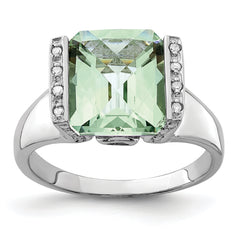 Sterling Silver Rhodium Octagonal Checker-Cut Green Quartz & Diamond Ring