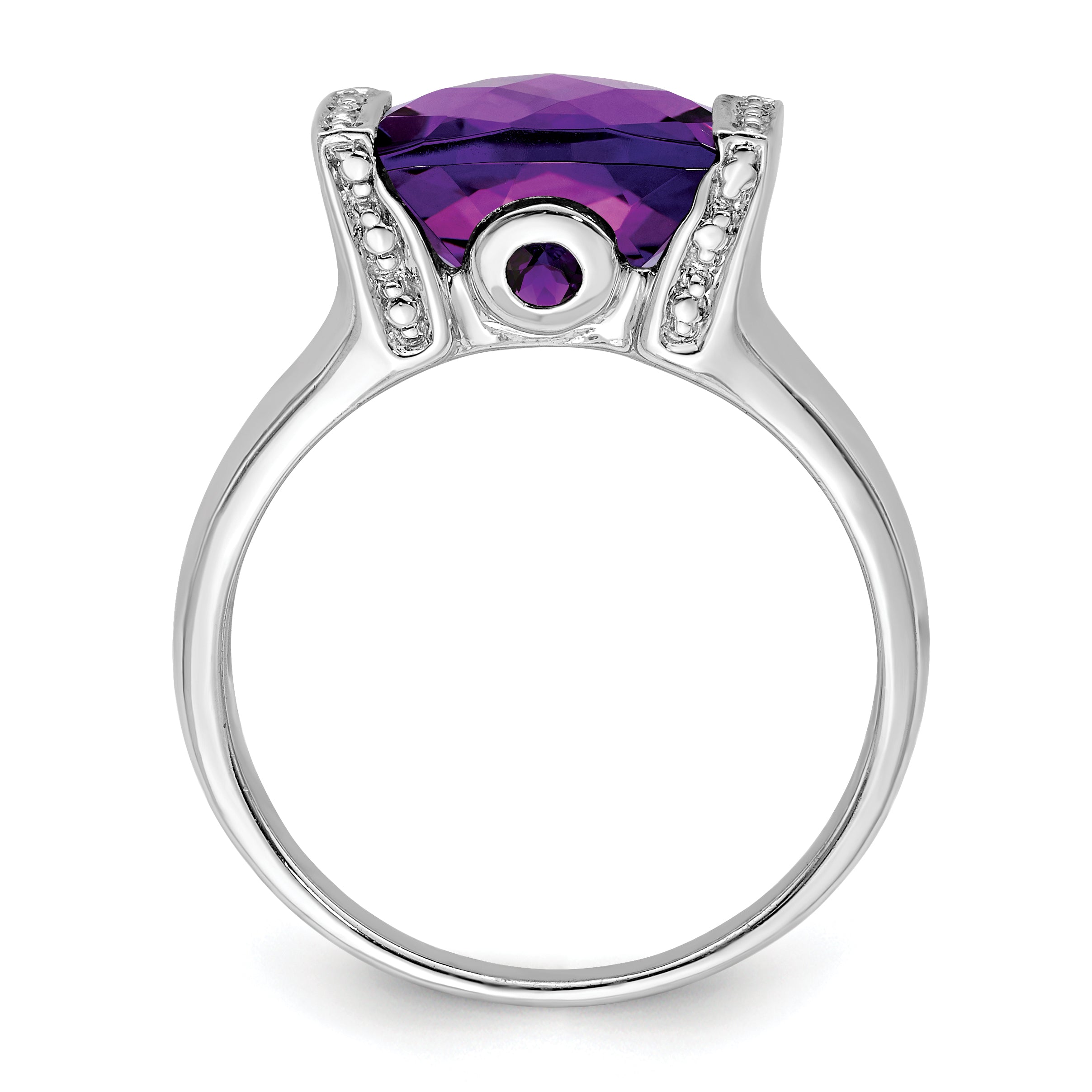 Sterling Silver Rhodium-plated Checker-Cut Amethyst & Diamond Ring