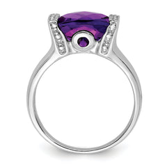 Sterling Silver Rhodium-plated Checker-Cut Amethyst & Diamond Ring