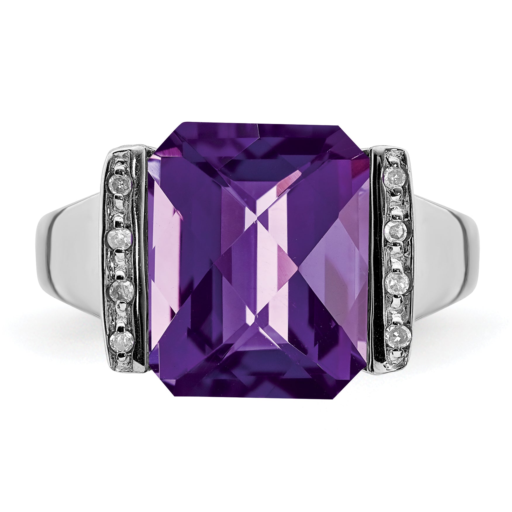 Sterling Silver Rhodium-plated Checker-Cut Amethyst & Diamond Ring