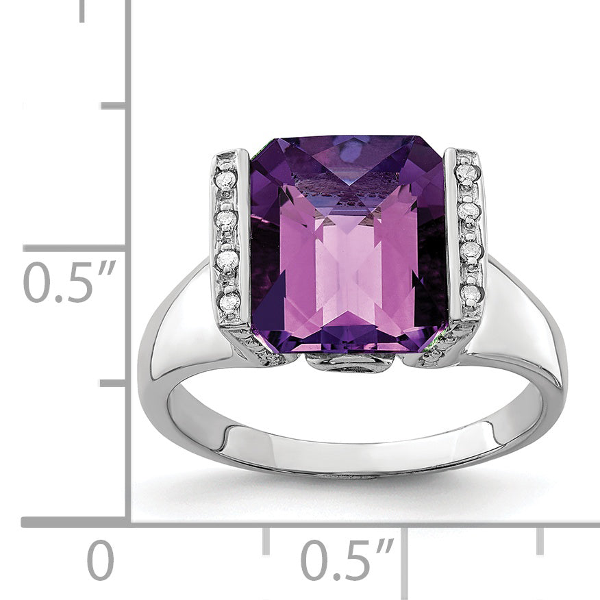 Sterling Silver Rhodium-plated Checker-Cut Amethyst & Diamond Ring