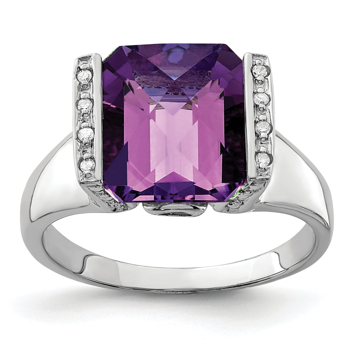 Sterling Silver Rhodium-plated Checker-Cut Amethyst & Diamond Ring