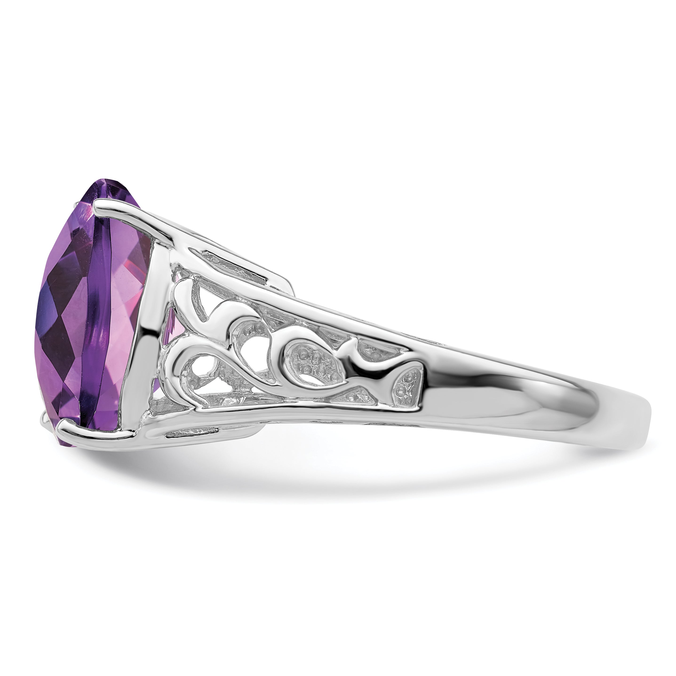 Sterling Silver Rhodium-plated Checker-Cut Amethyst Ring