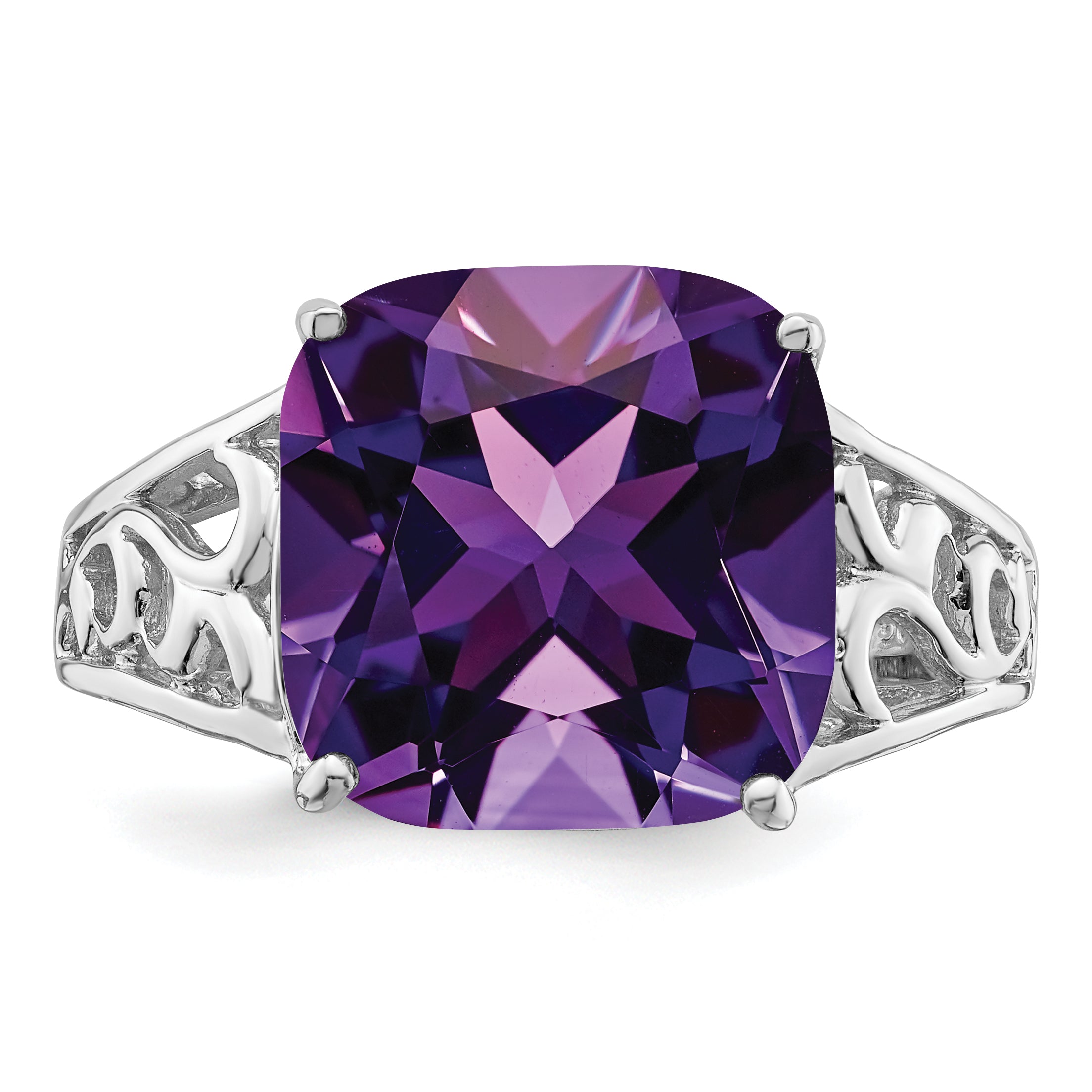 Sterling Silver Rhodium-plated Checker-Cut Amethyst Ring