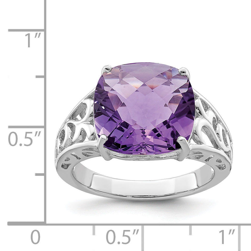 Sterling Silver Rhodium-plated Checker-Cut Amethyst Ring