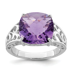 Sterling Silver Rhodium-plated Checker-Cut Amethyst Ring