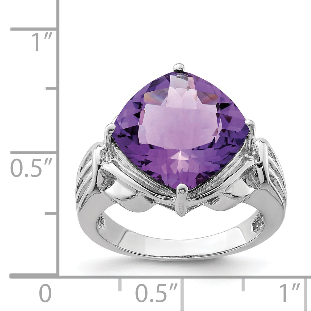 Sterling Silver Rhodium-plated Checker-Cut Amethyst Ring