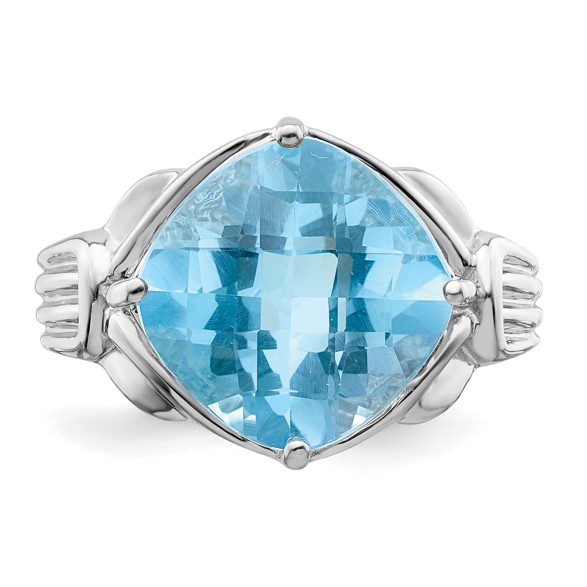 Sterling Silver Rhodium Checker-Cut Sky Blue Topaz Ring