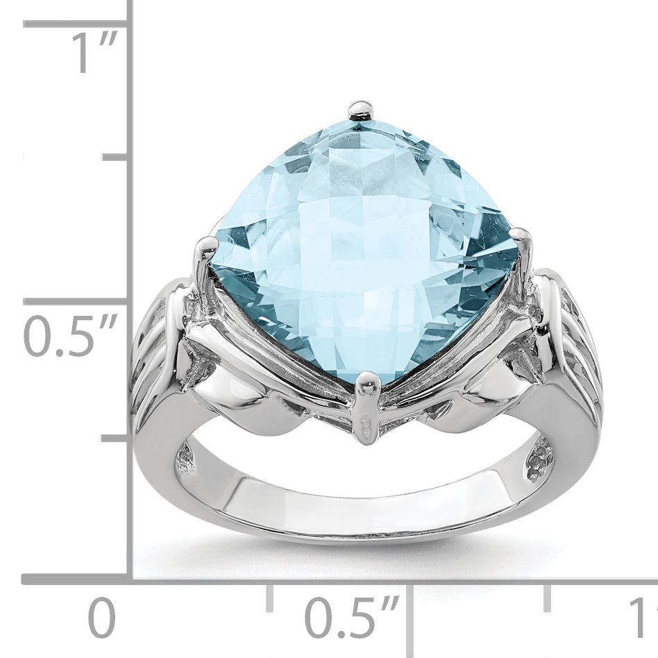 Sterling Silver Rhodium Checker-Cut Sky Blue Topaz Ring