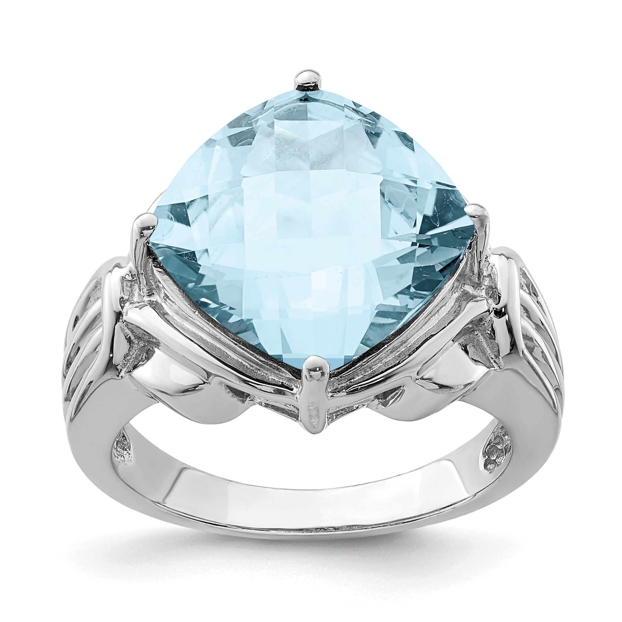 Sterling Silver Rhodium Checker-Cut Sky Blue Topaz Ring