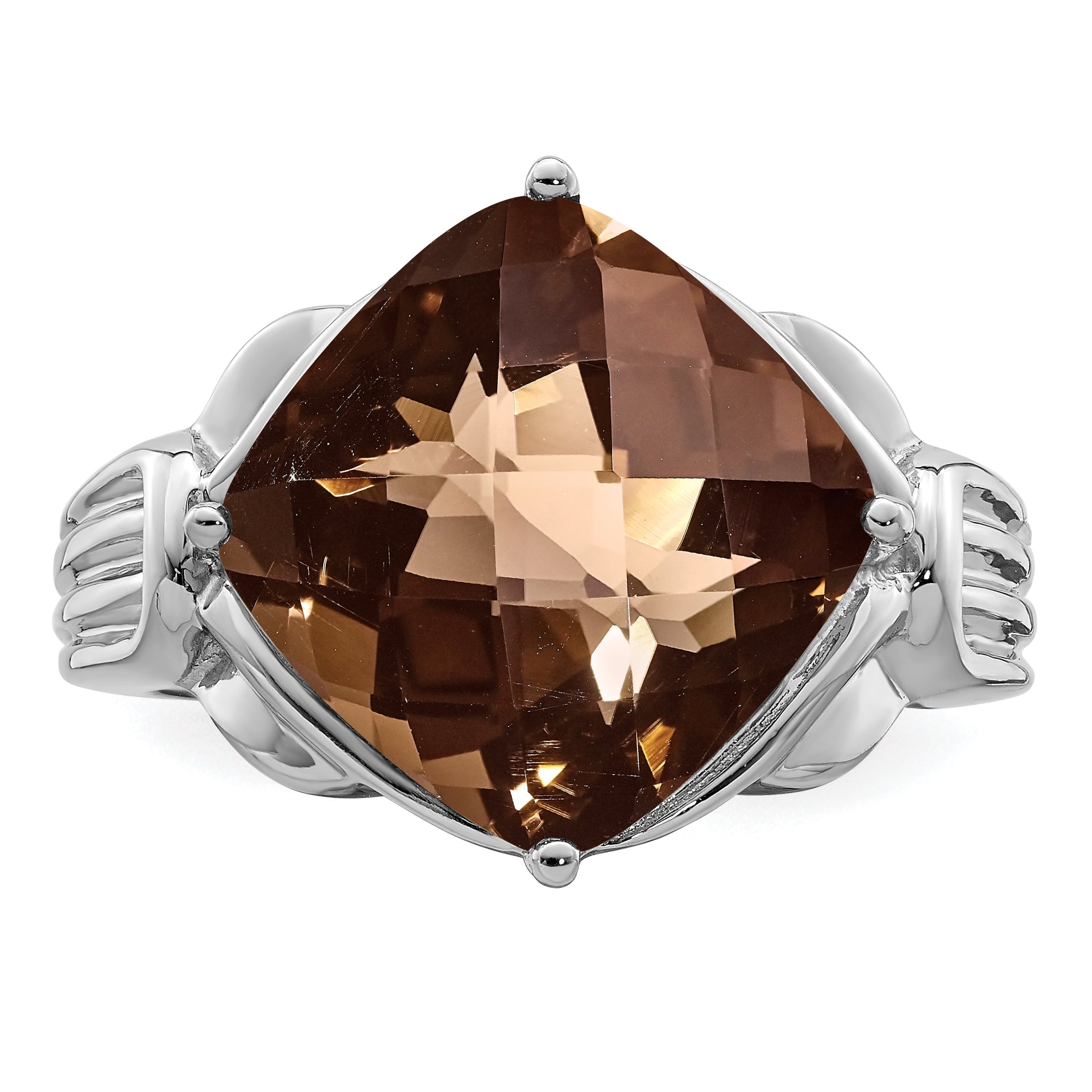 Sterling Silver Rhodium Checker-Cut Smoky Quartz Ring