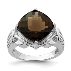 Sterling Silver Rhodium Checker-Cut Smoky Quartz Ring