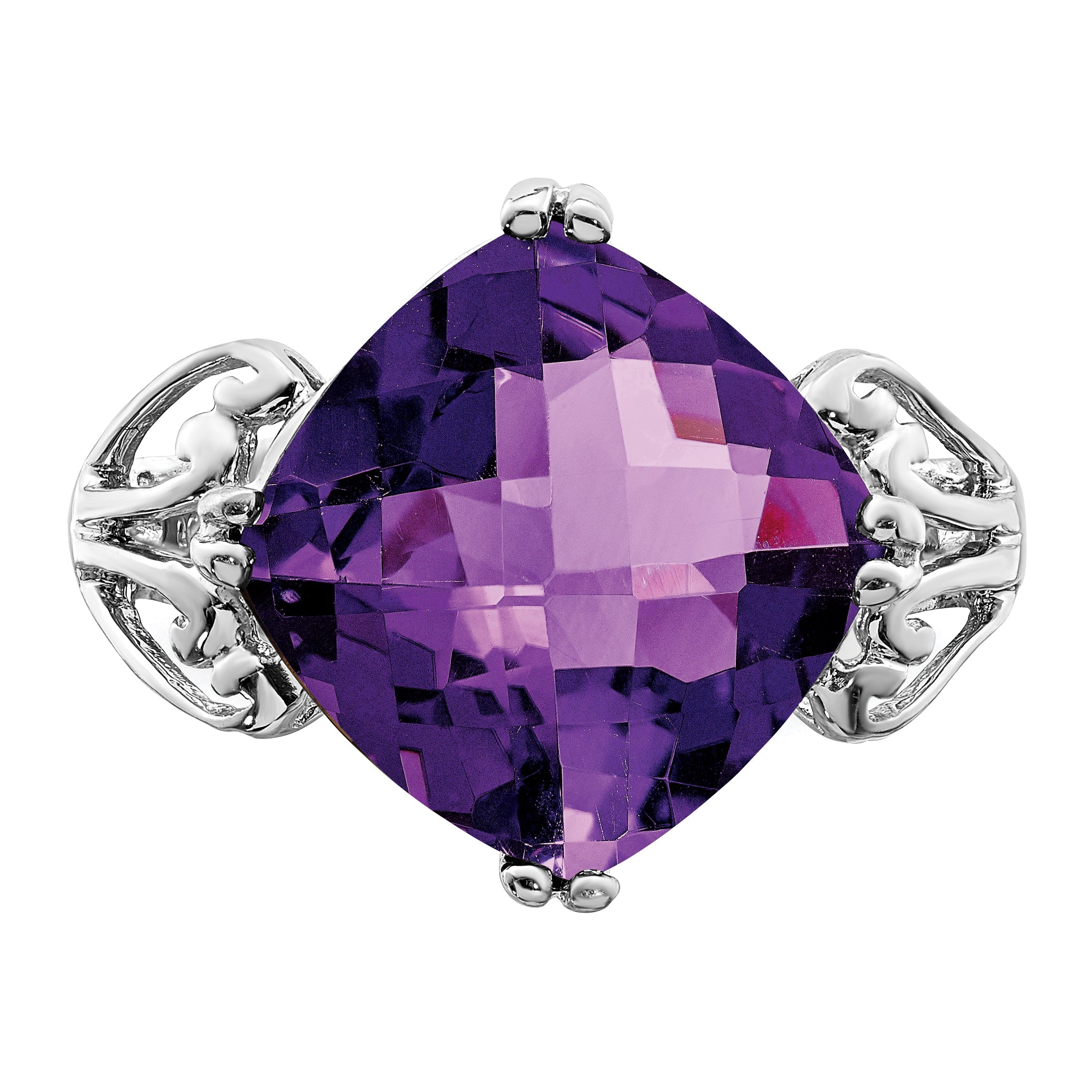 Sterling Silver Rhodium-plated Checker-Cut Amethyst Ring