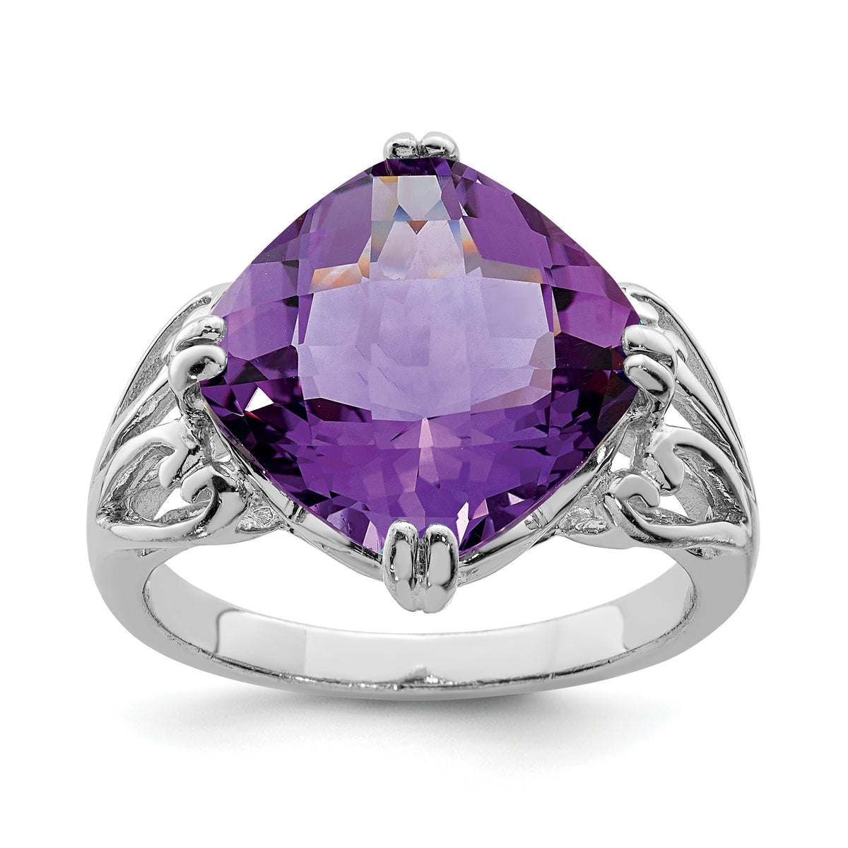 Sterling Silver Rhodium-plated Checker-Cut Amethyst Ring