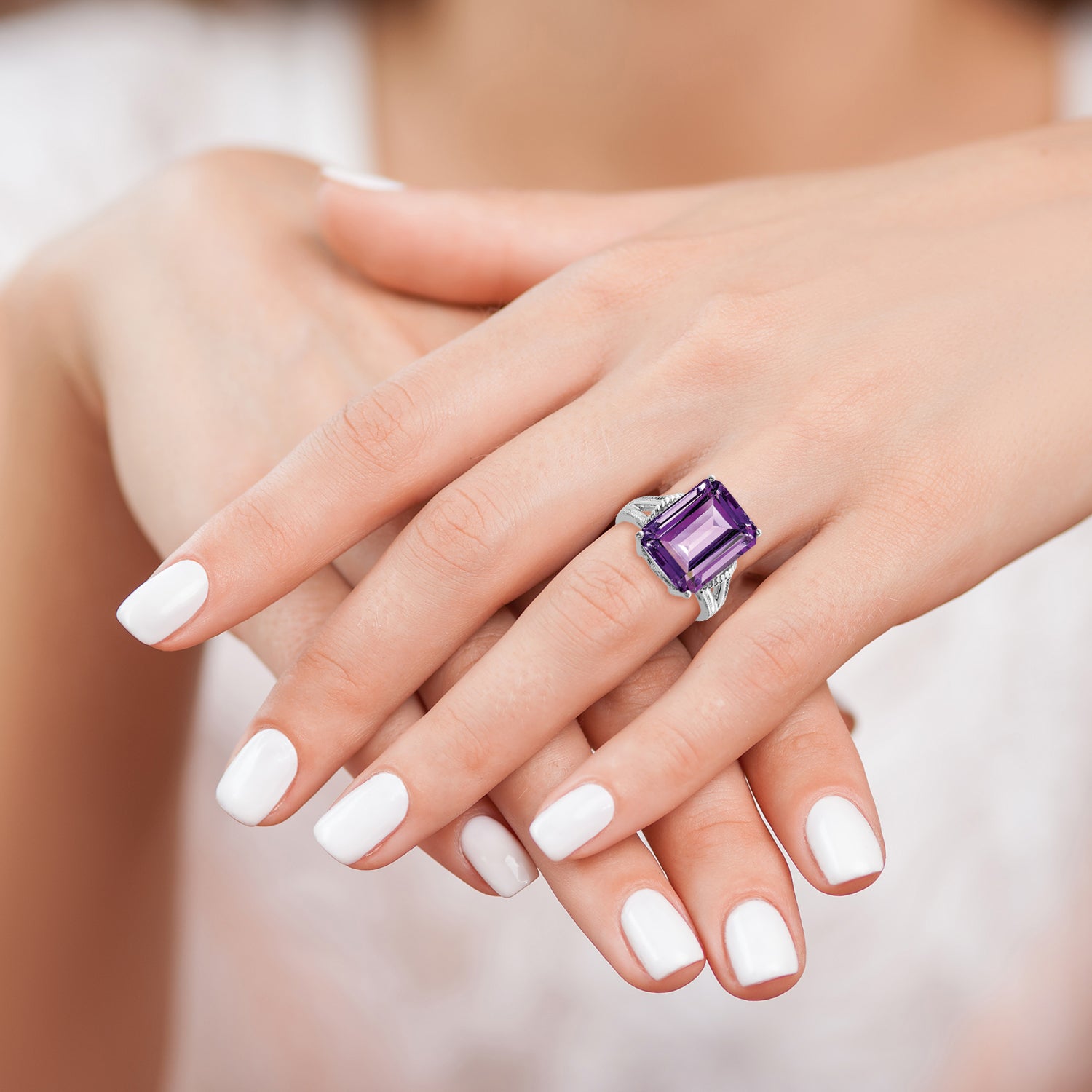 Sterling Silver Rhodium-plated Octagonal Checker-Cut Amethyst Ring