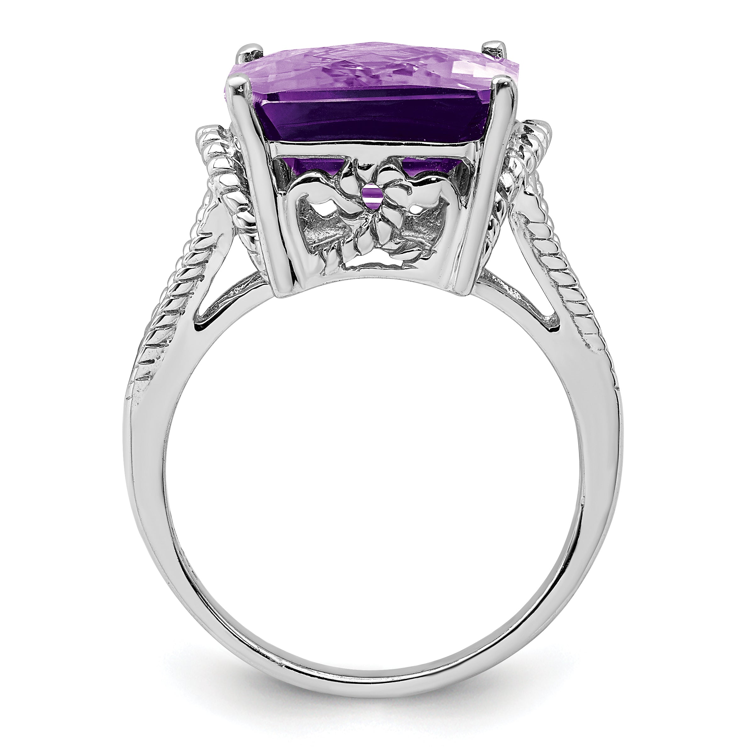 Sterling Silver Rhodium-plated Octagonal Checker-Cut Amethyst Ring