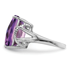 Sterling Silver Rhodium-plated Octagonal Checker-Cut Amethyst Ring