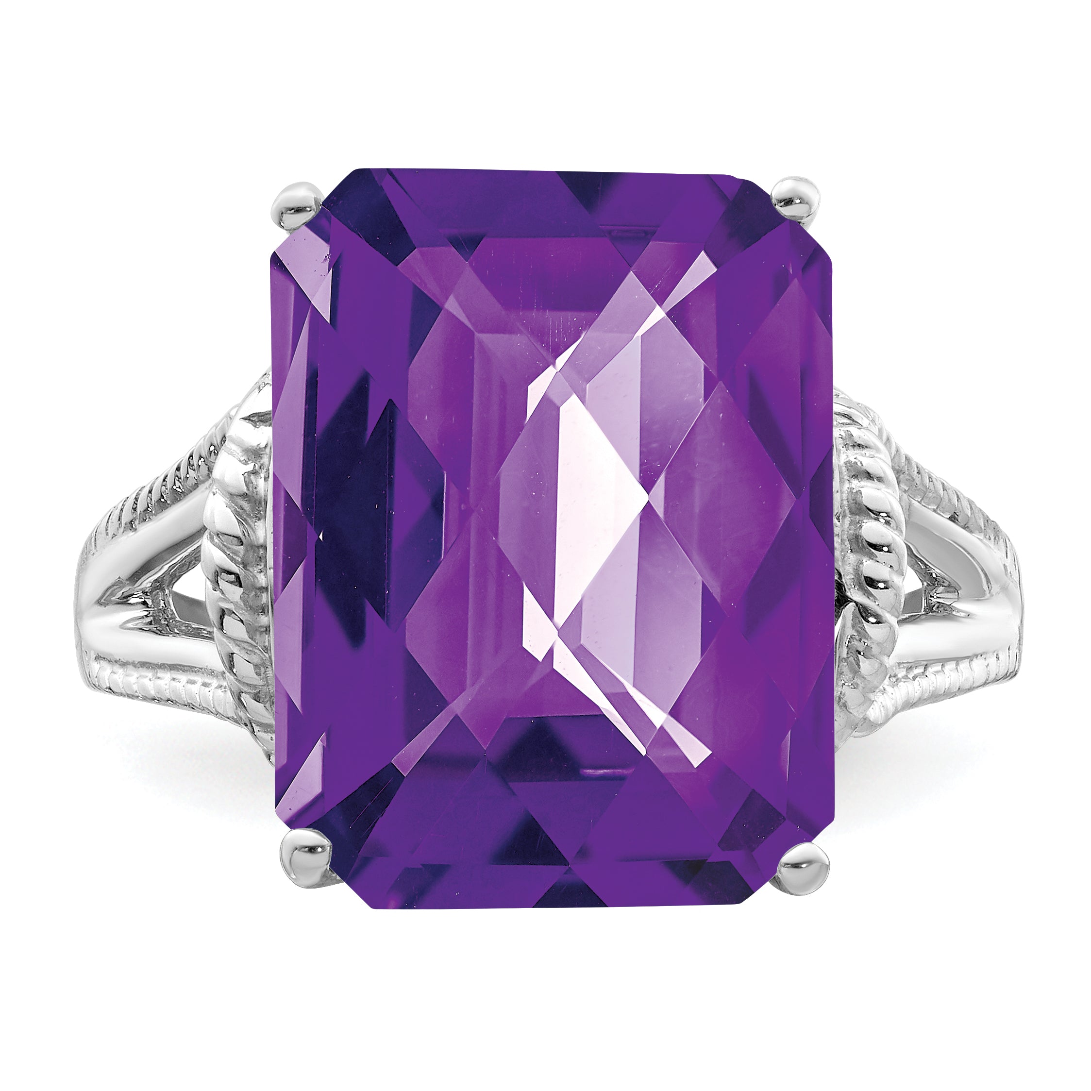 Sterling Silver Rhodium-plated Octagonal Checker-Cut Amethyst Ring