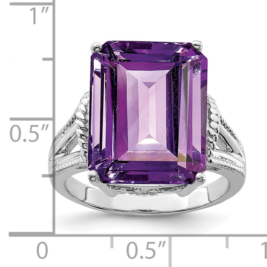 Sterling Silver Rhodium-plated Octagonal Checker-Cut Amethyst Ring