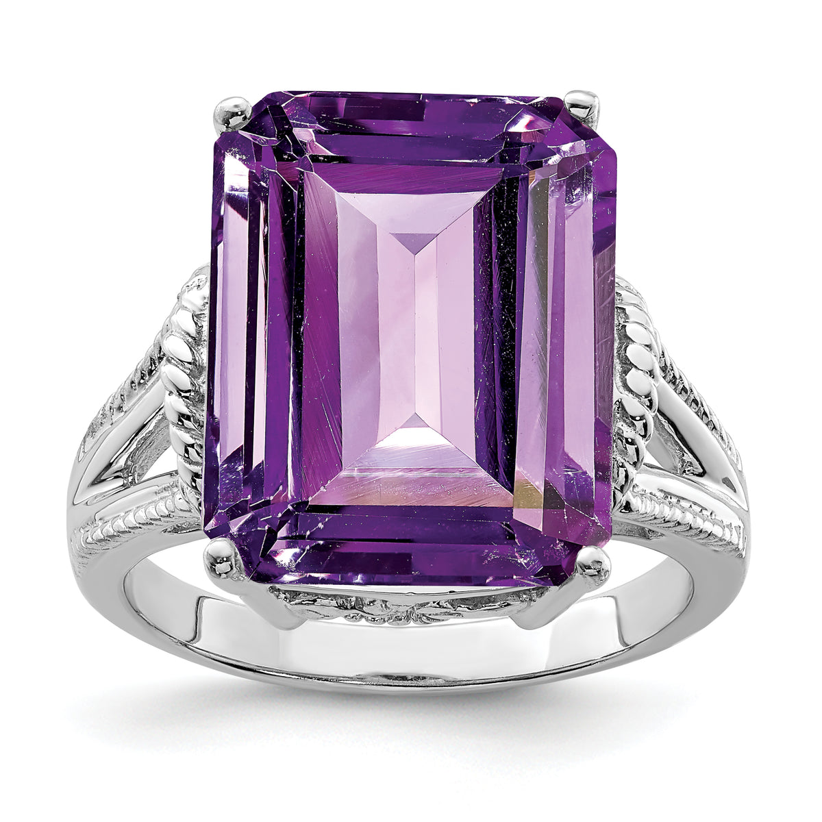 Sterling Silver Rhodium-plated Checker-Cut Amethyst Ring