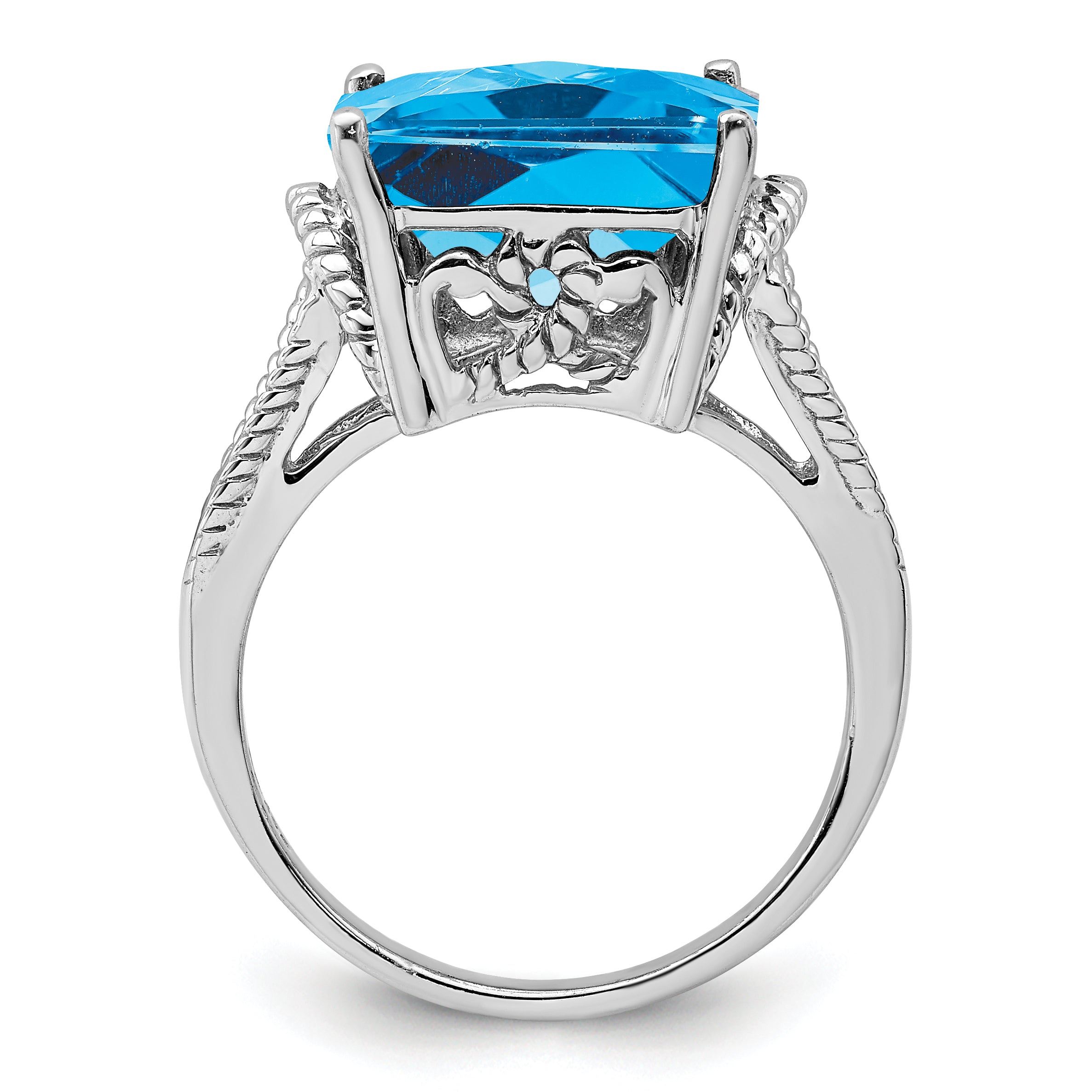 Sterling Silver Rhodium Checker-Cut Blue Topaz Ring