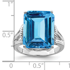 Sterling Silver Rhodium Checker-Cut Blue Topaz Ring