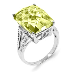 Sterling Silver Rhodium-plated Checker-Cut Lemon Quartz Ring