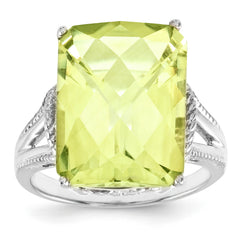 Sterling Silver Rhodium-plated Octagonal Checker-Cut Lemon Quartz Ring