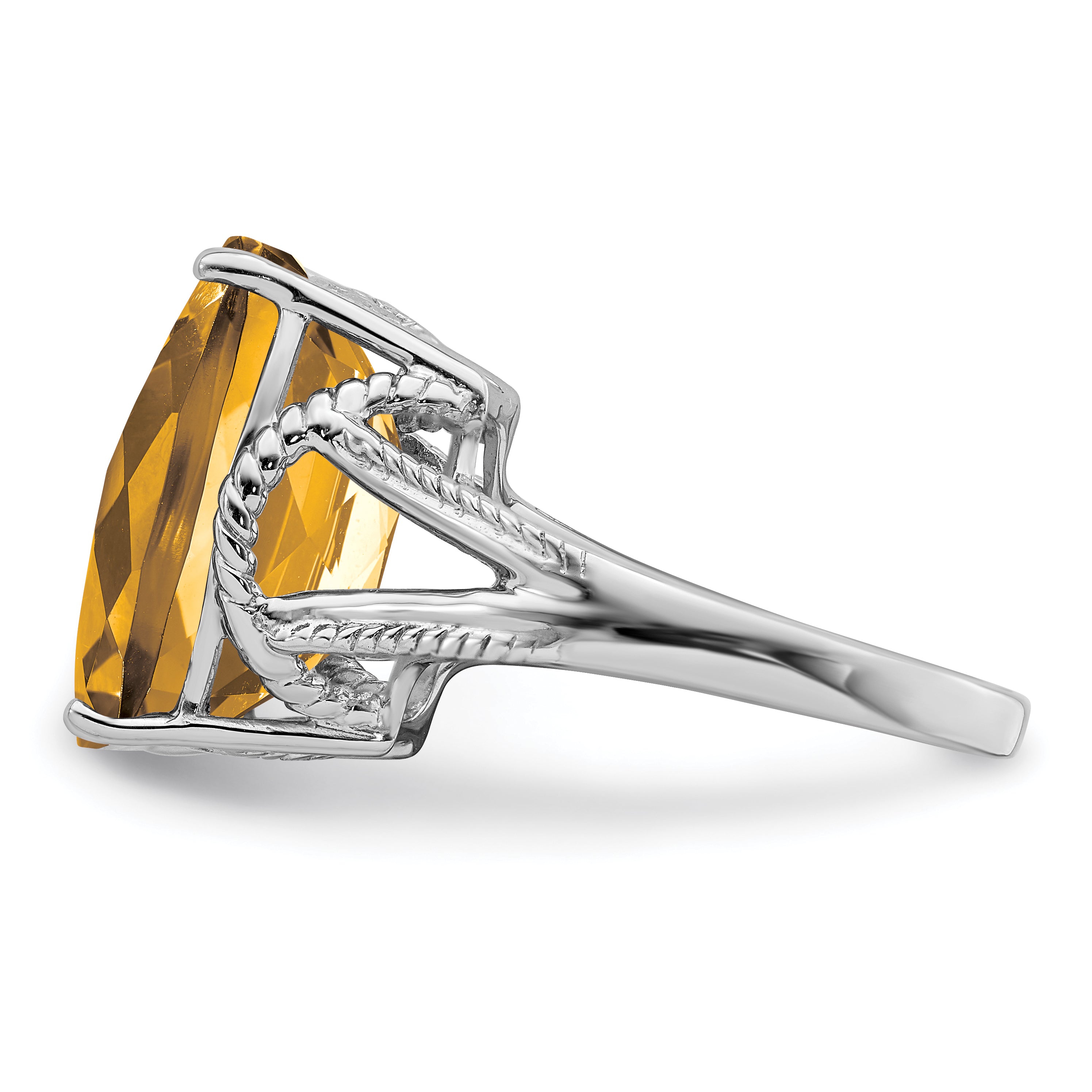 Sterling Silver Rhodium Octagonal Checker-Cut Whiskey Quartz Ring