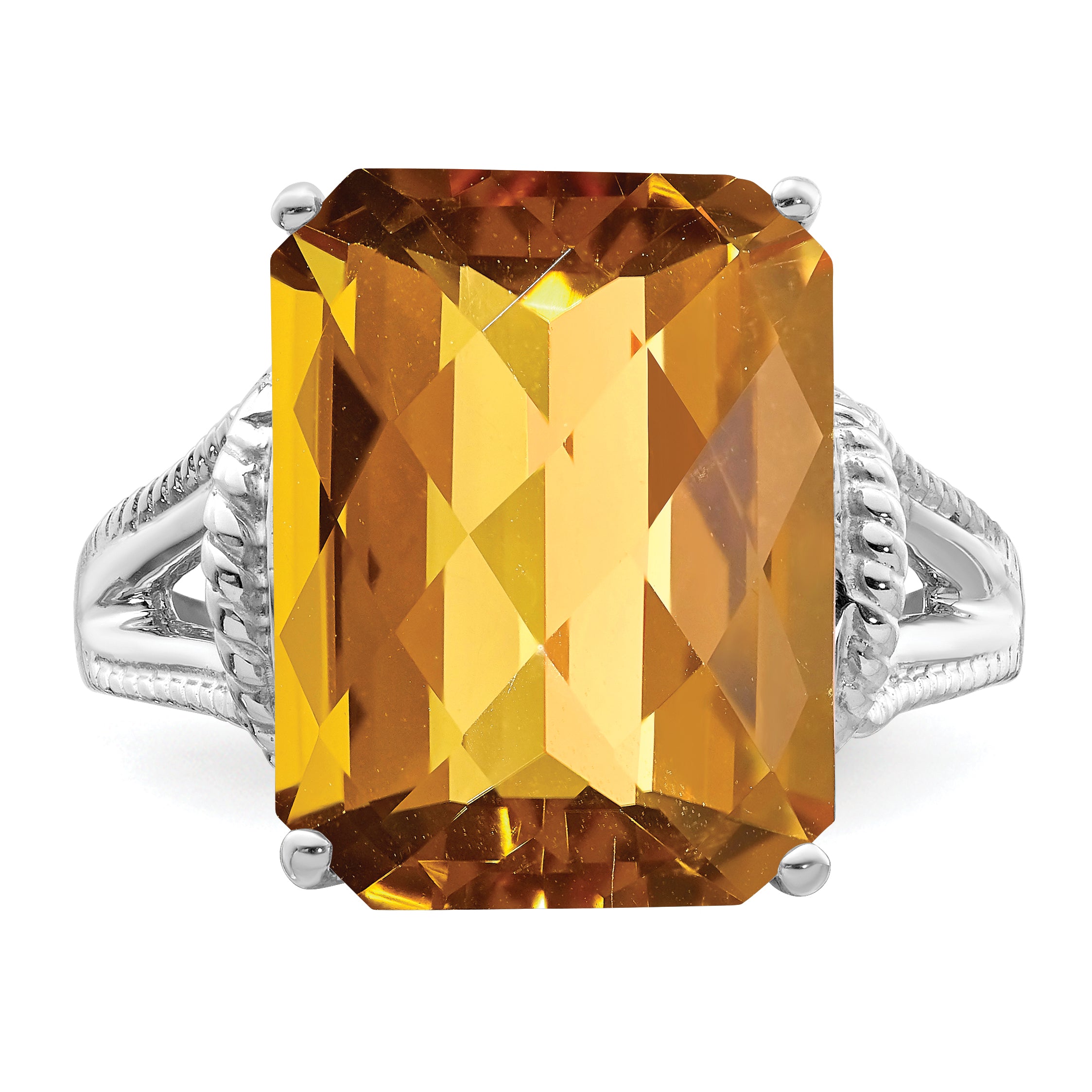 Sterling Silver Rhodium Octagonal Checker-Cut Whiskey Quartz Ring